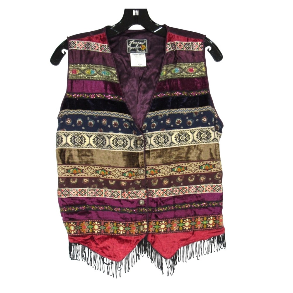 VTG JOUJOU Purple/Multi TWILL & VELVET PATCHWORK Fringe Trim BUTTON-UP Vest M